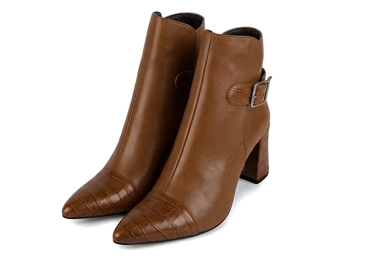 Women's cognac back-buckle ankle boots with almond toe and mid flared heel - Front view